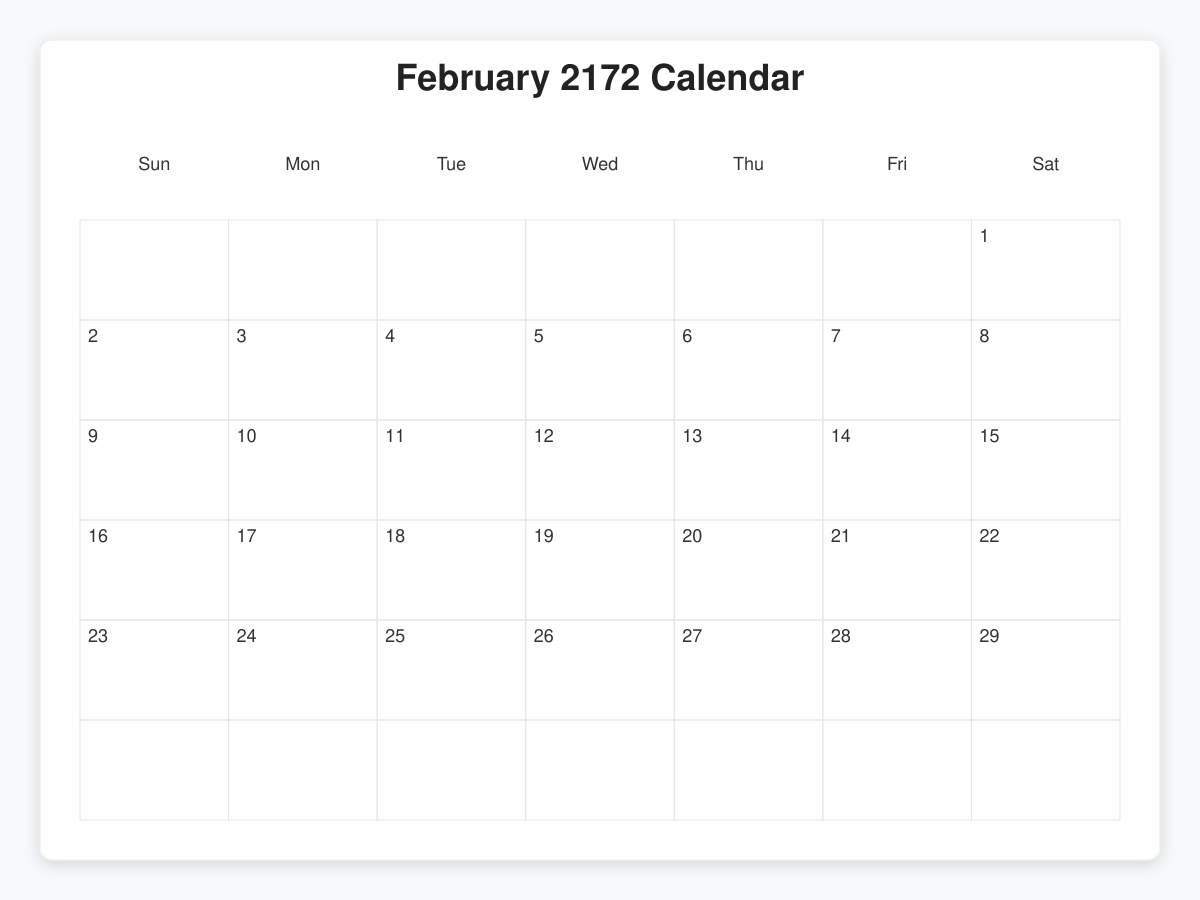 Printable February 2172 Calendars