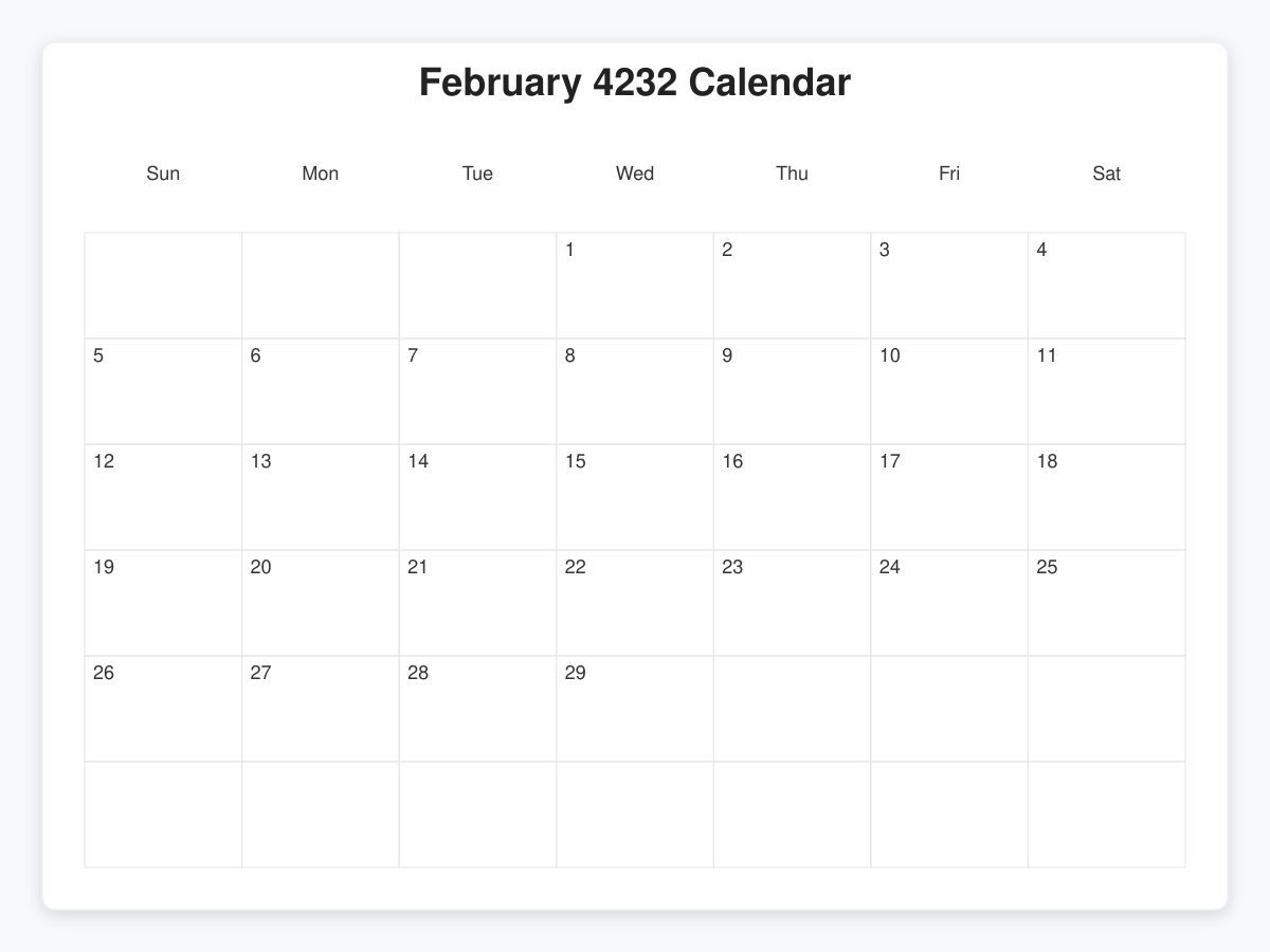 Printable February 4232 Calendars