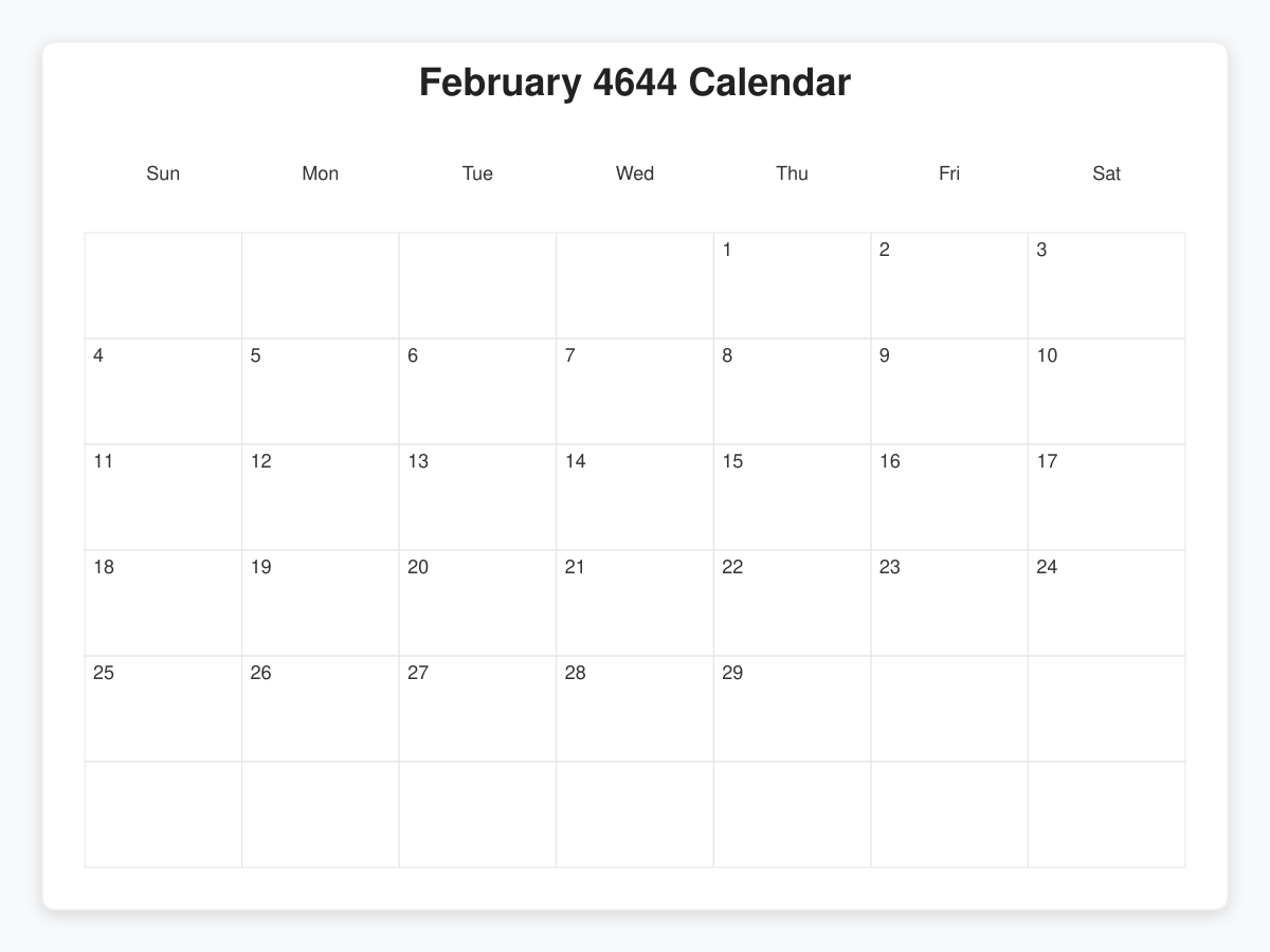 Printable February 4644 Calendars