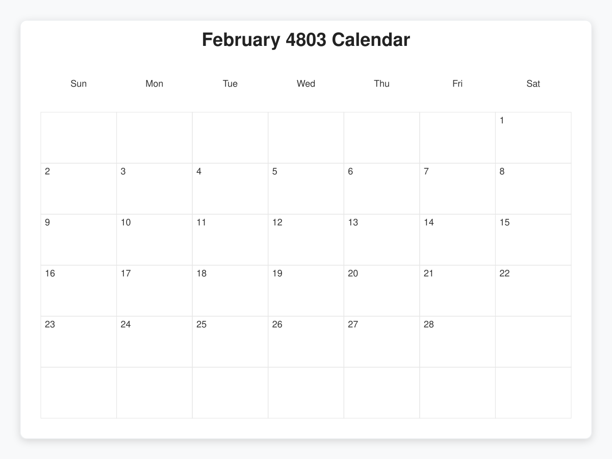 Printable February 4803 Calendars