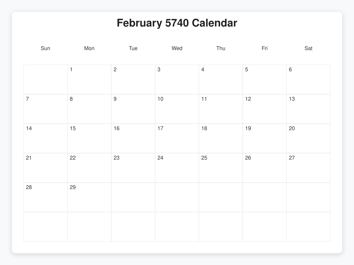 Printable February 5740 Calendars