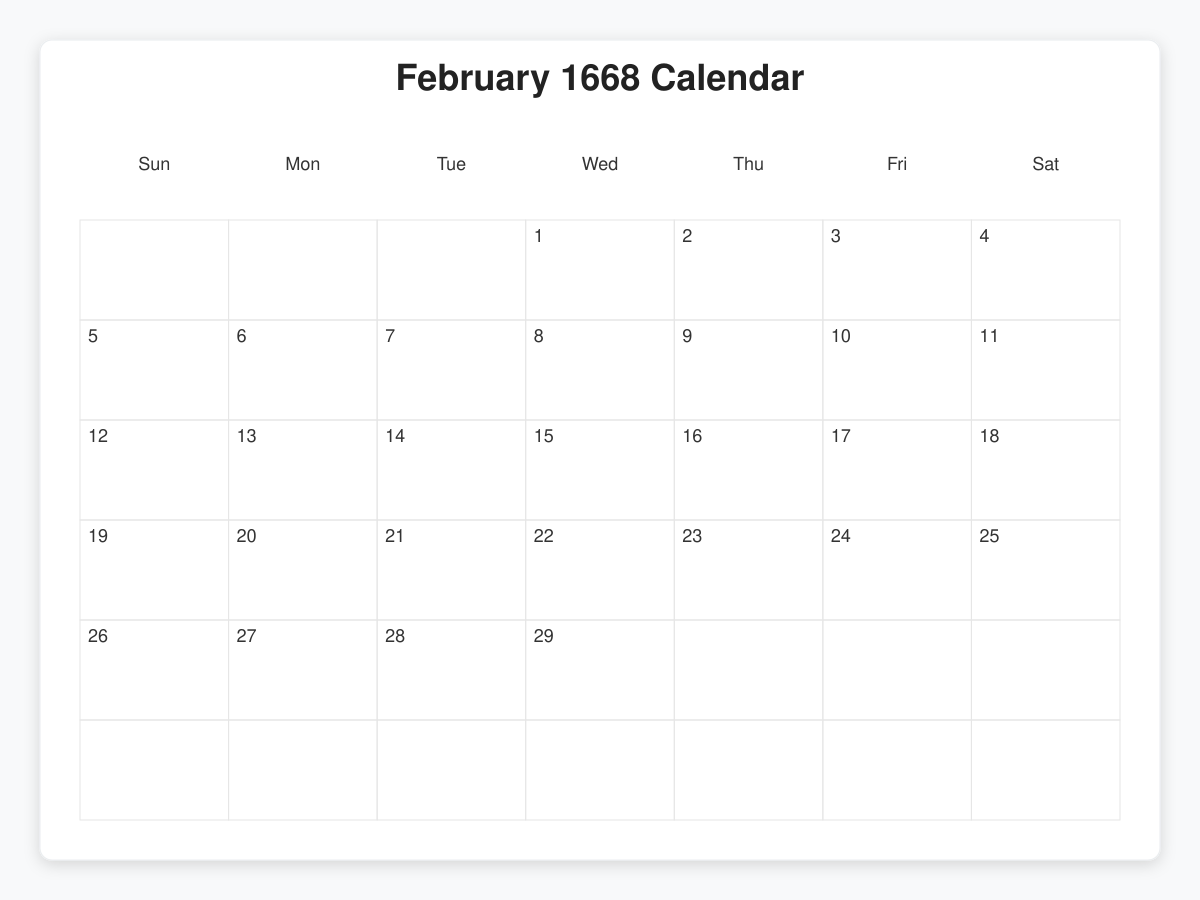 Printable February 1668 Calendars
