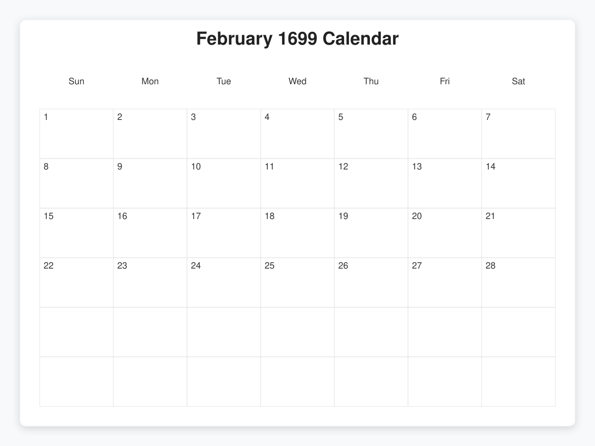 Printable February 1699 Calendars