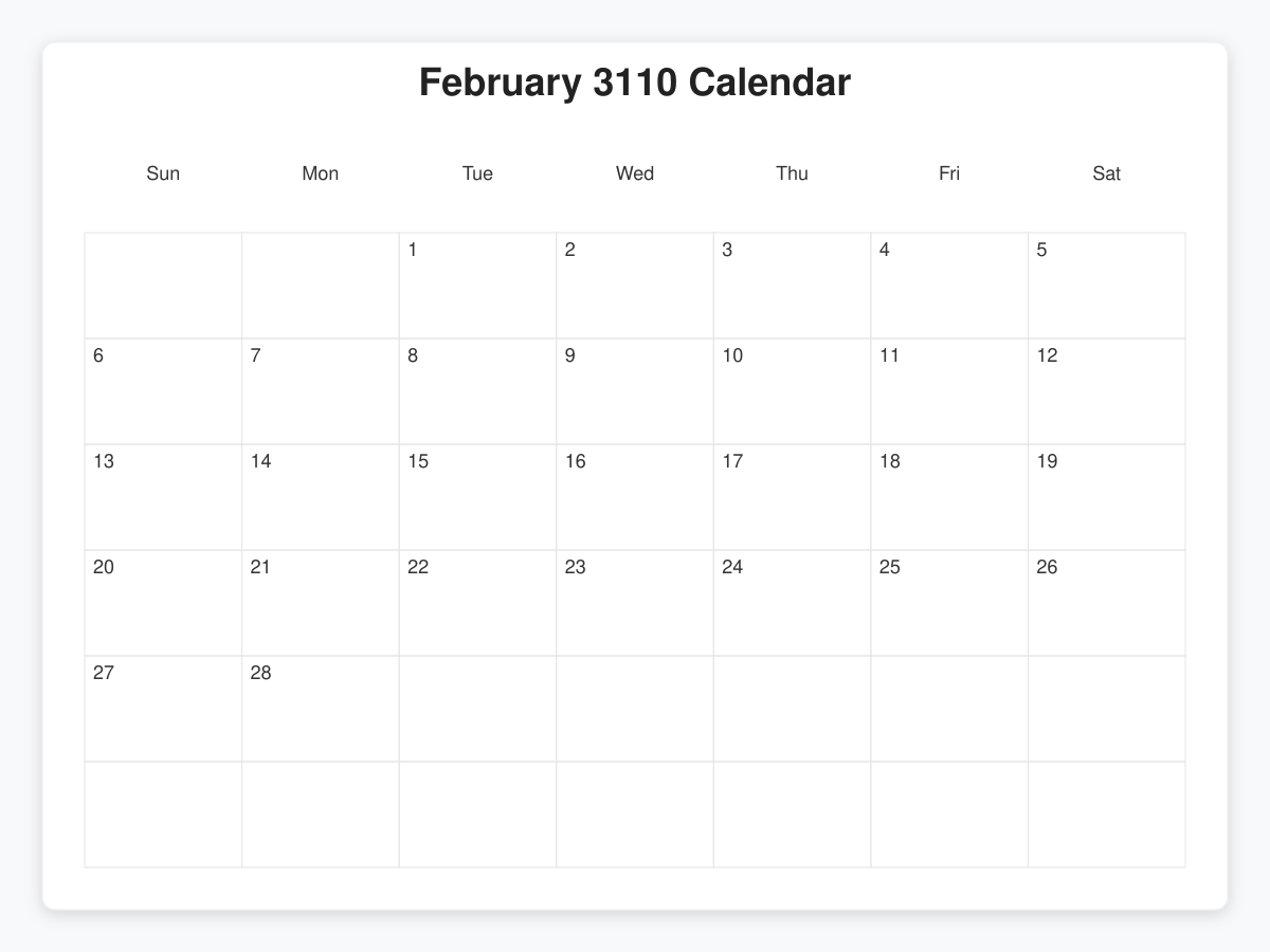Printable February 3110 Calendars