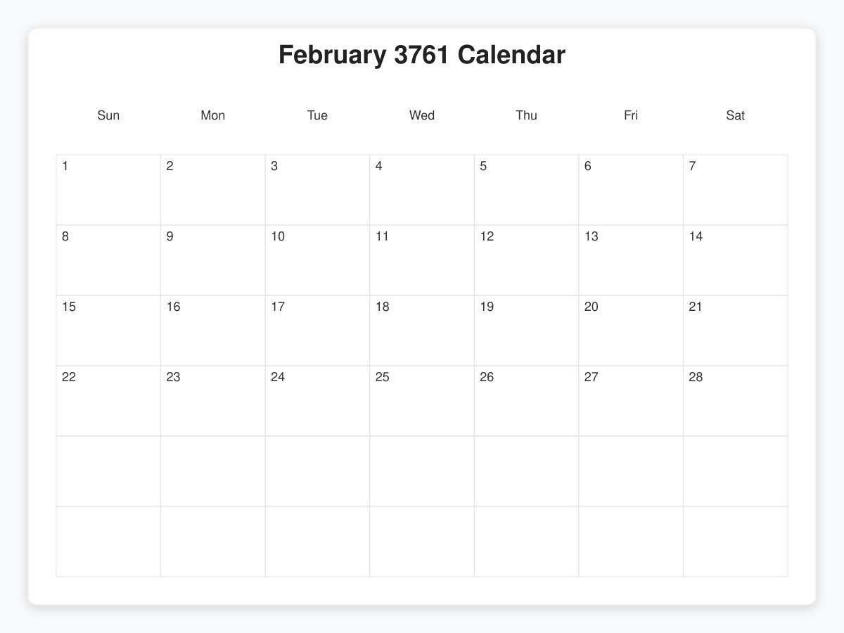 Printable February 3761 Calendars