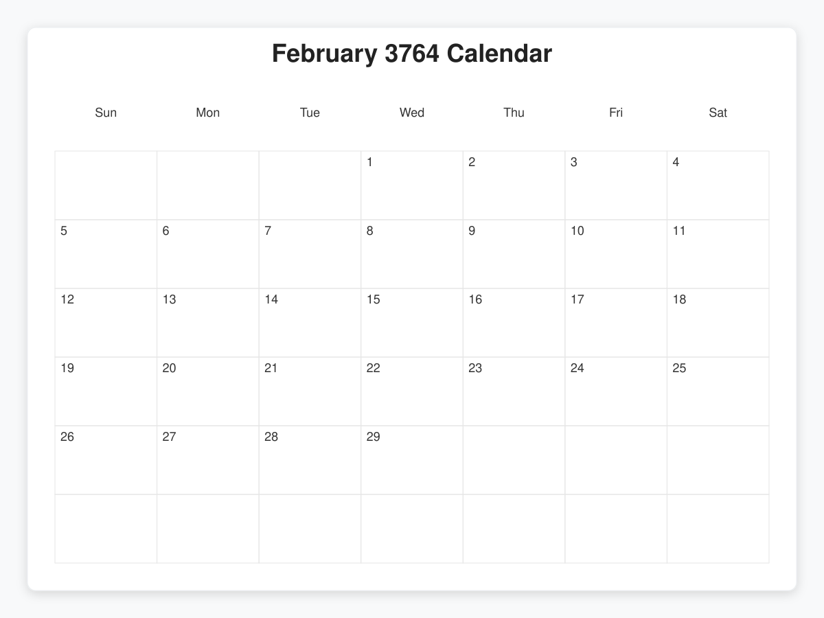 Printable February 3764 Calendars