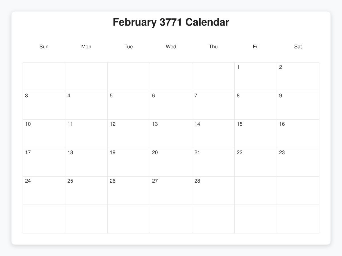 Printable February 3771 Calendars