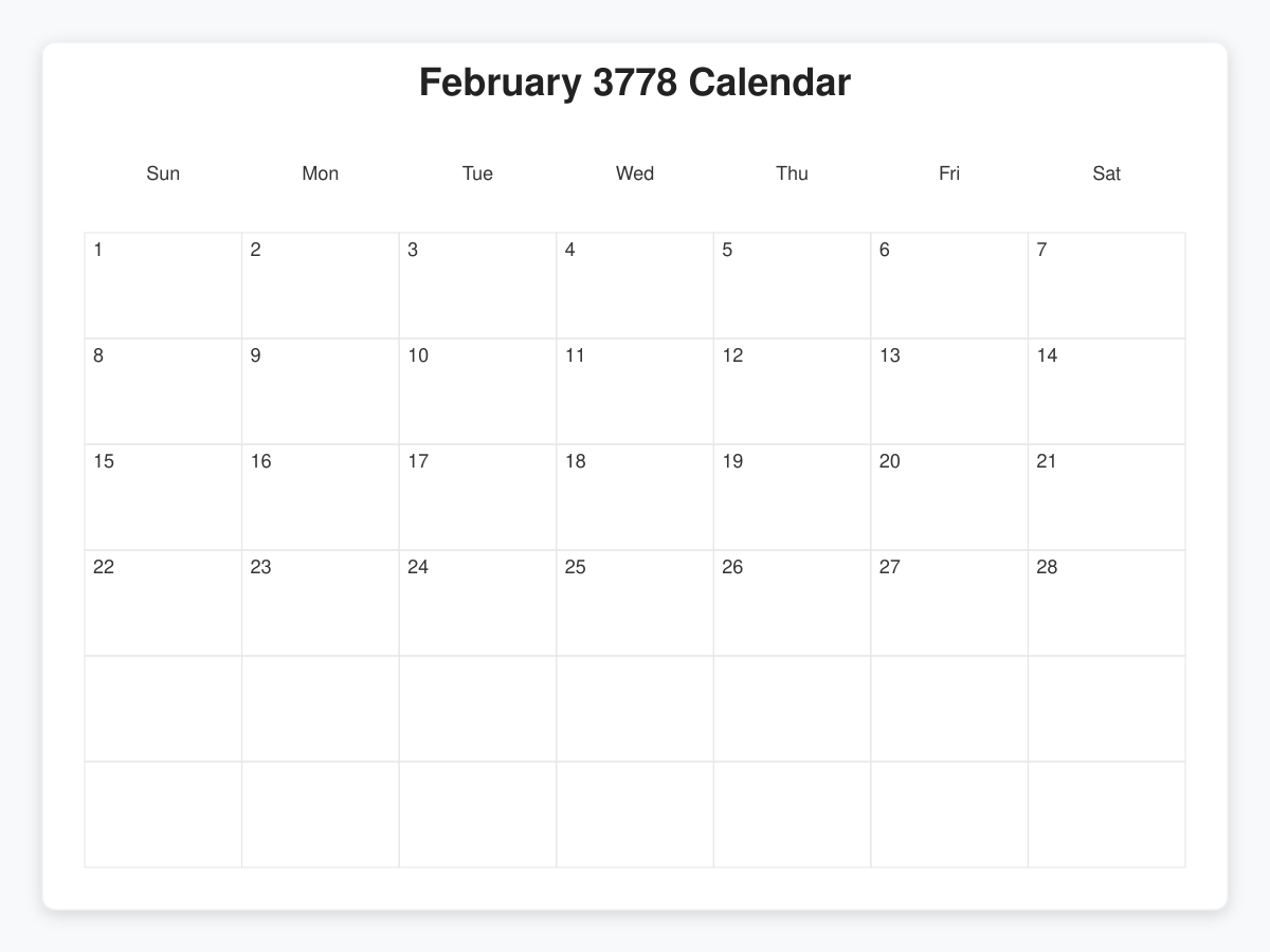 Printable February 3778 Calendars