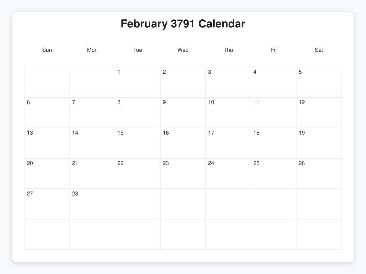 Printable February 3791 Calendars
