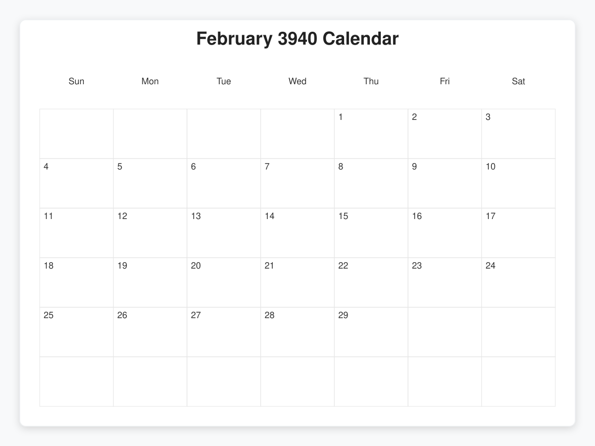Printable February 3940 Calendars