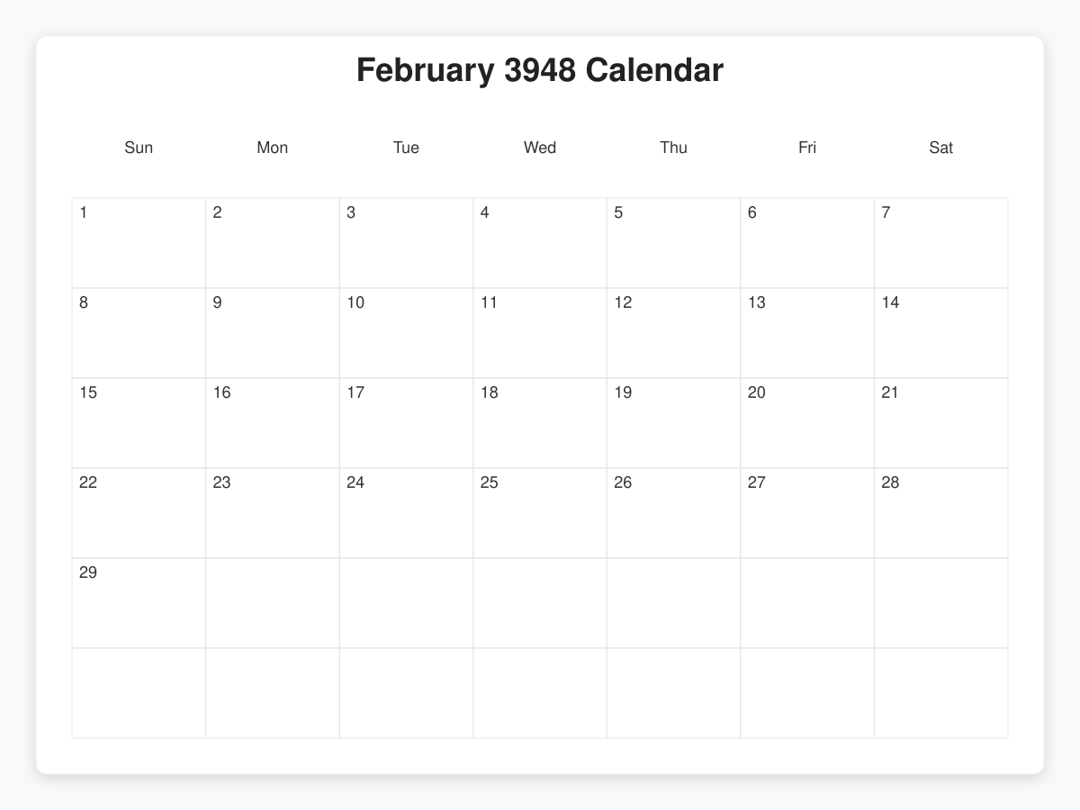 Printable February 3948 Calendars
