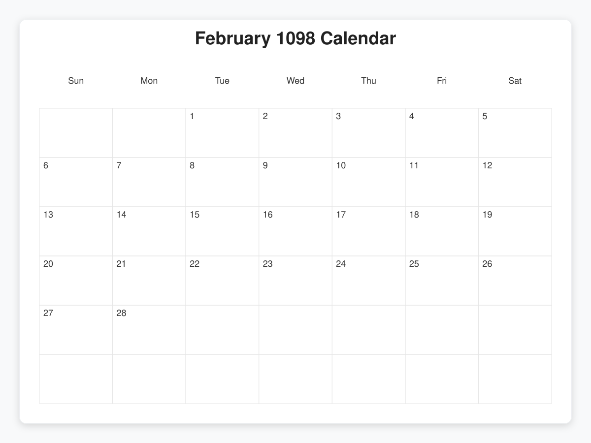 Printable February 1098 Calendars