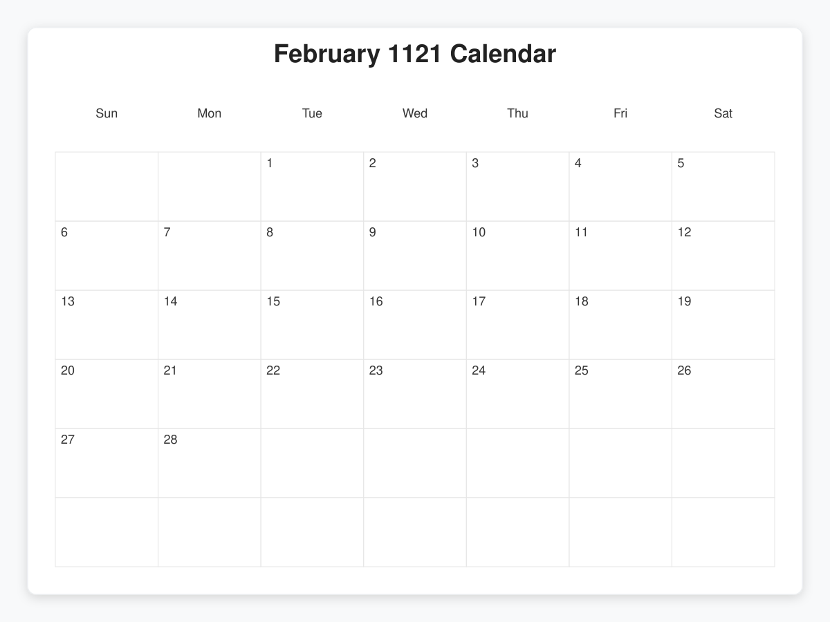 Printable February 1121 Calendars