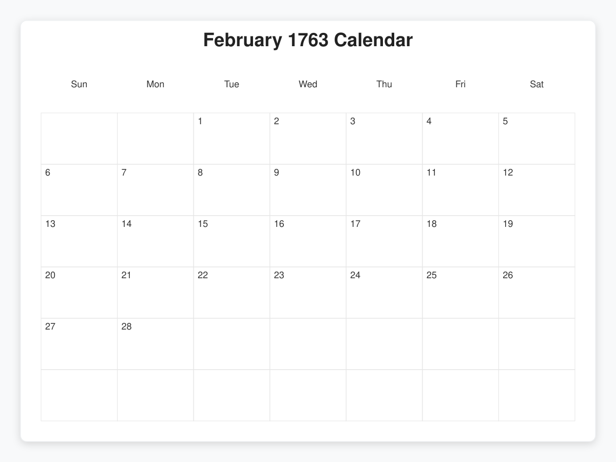 Printable February 1763 Calendars