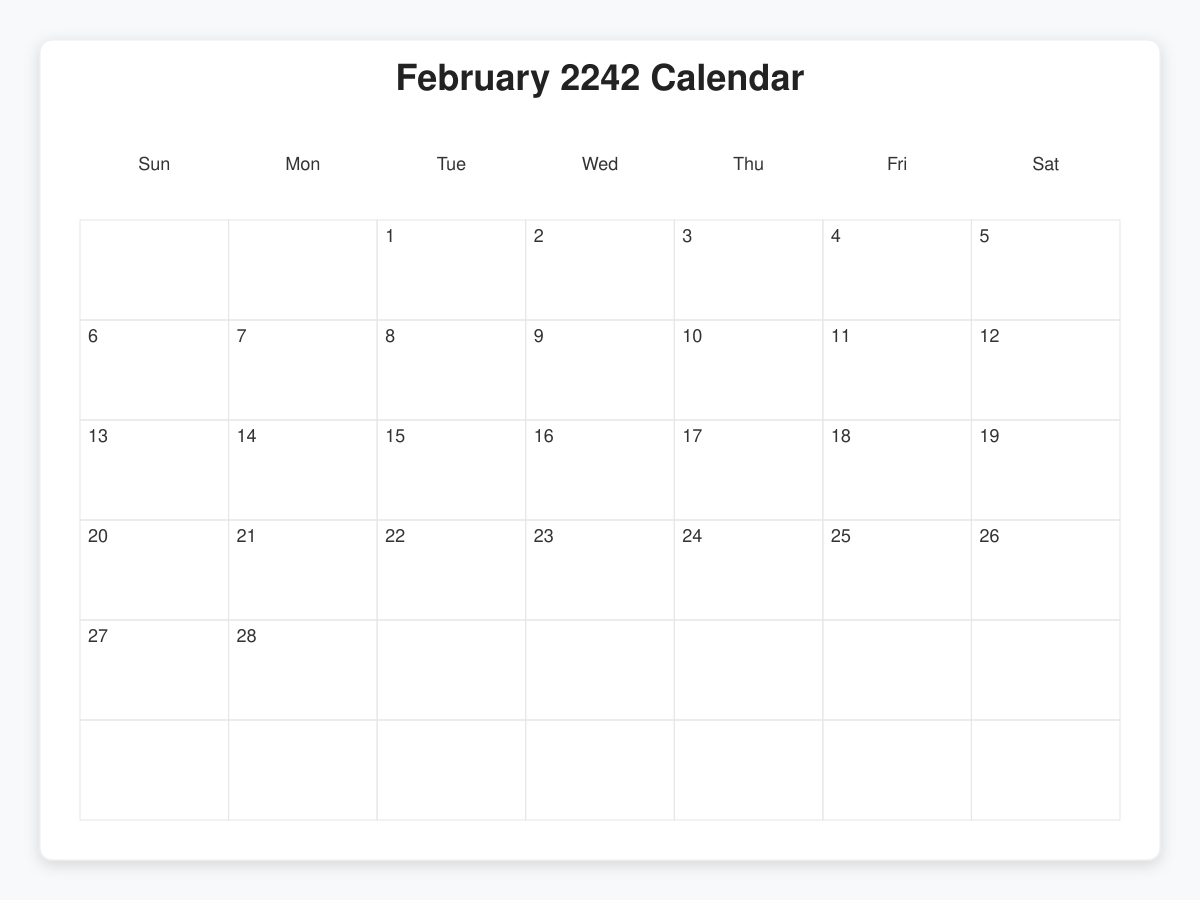 Printable February 2242 Calendars