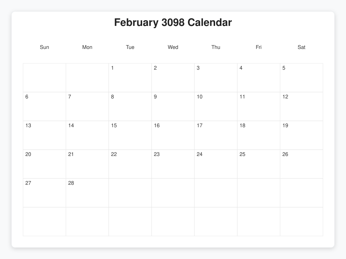 Printable February 3098 Calendars