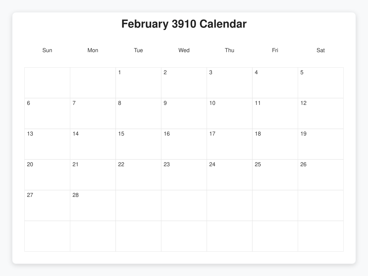 Printable February 3910 Calendars