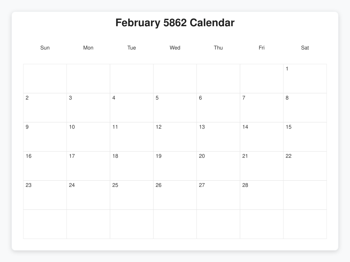 Printable February 5862 Calendars