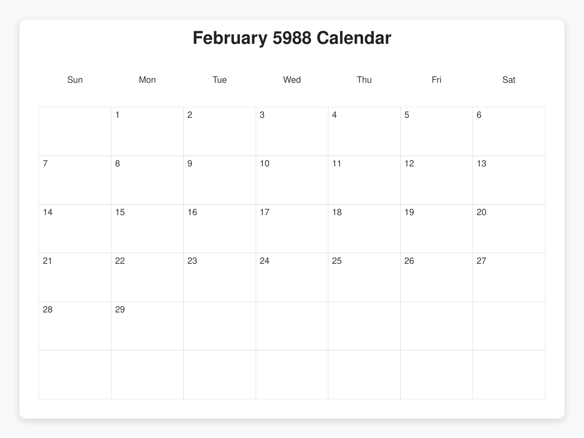 Printable February 5988 Calendars