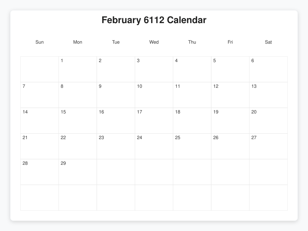 Printable February 6112 Calendars