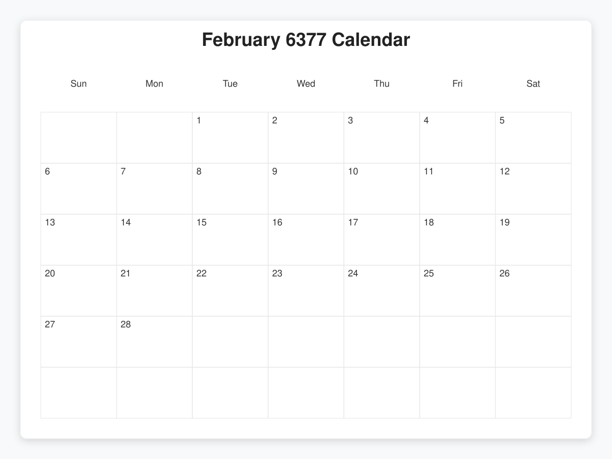 Printable February 6377 Calendars