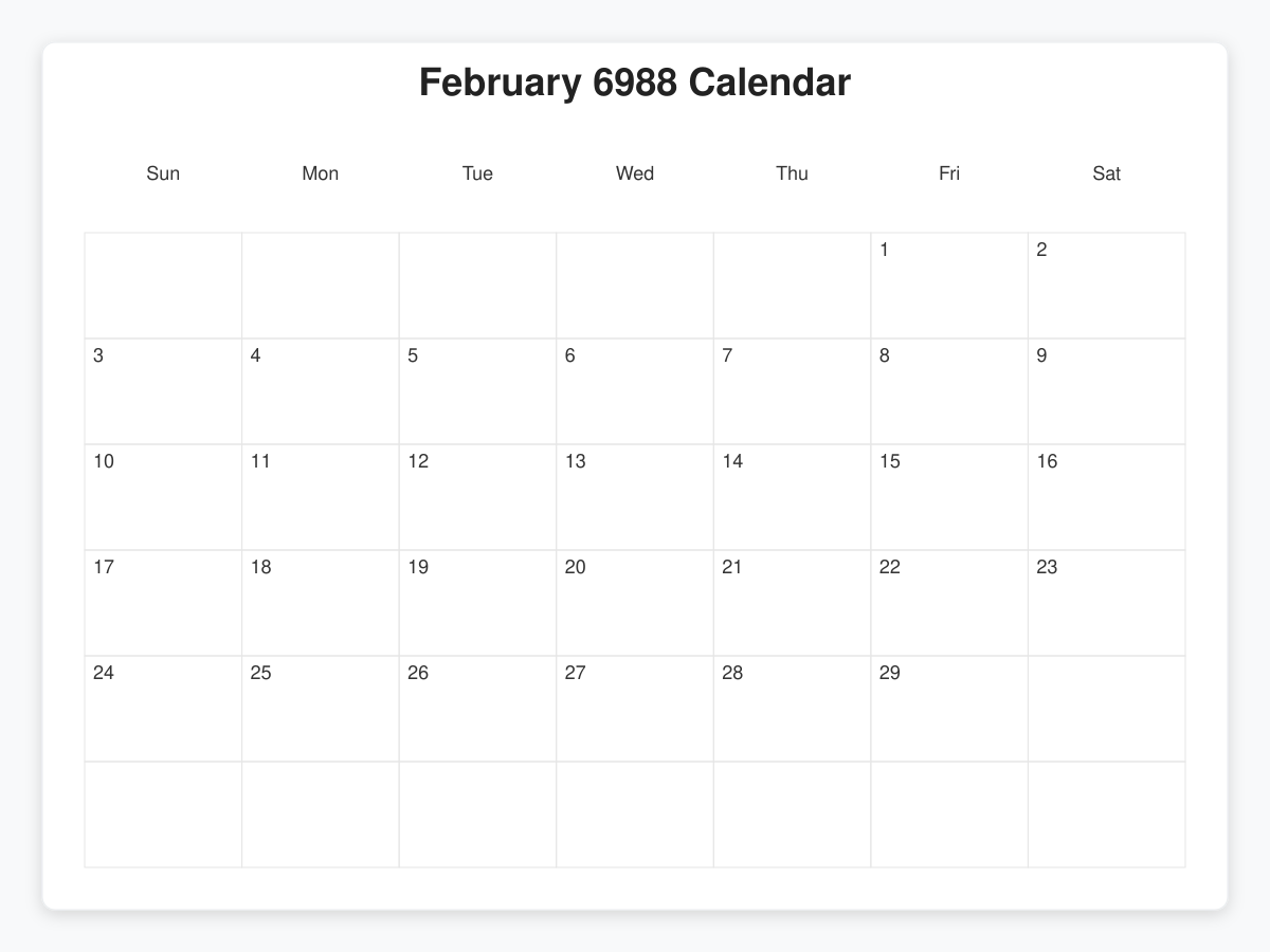 Printable February 6988 Calendars
