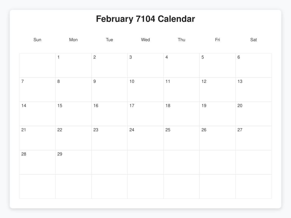 Printable February 7104 Calendars
