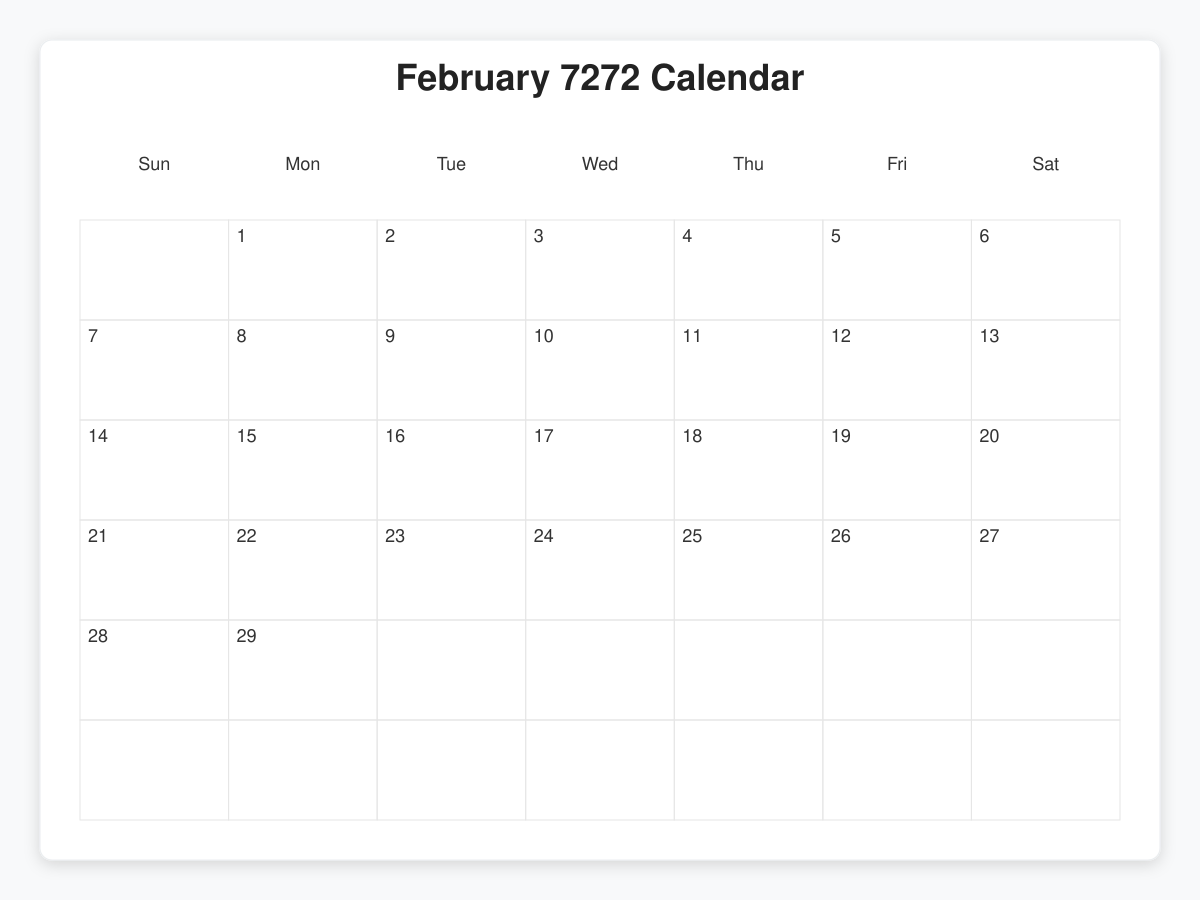 Printable February 7272 Calendars