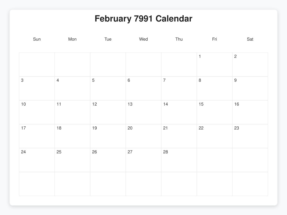 Printable February 7991 Calendars