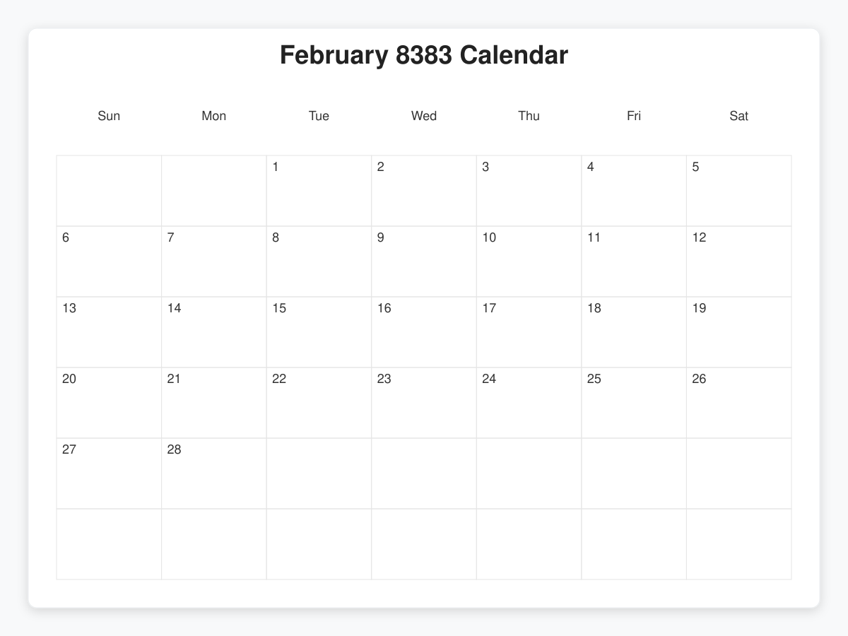 Printable February 8383 Calendars