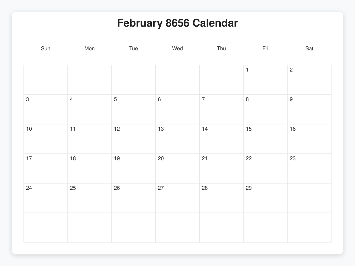 Printable February 8656 Calendars