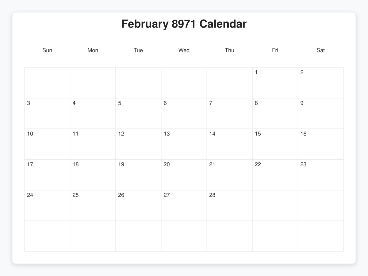 Printable February 8971 Calendars