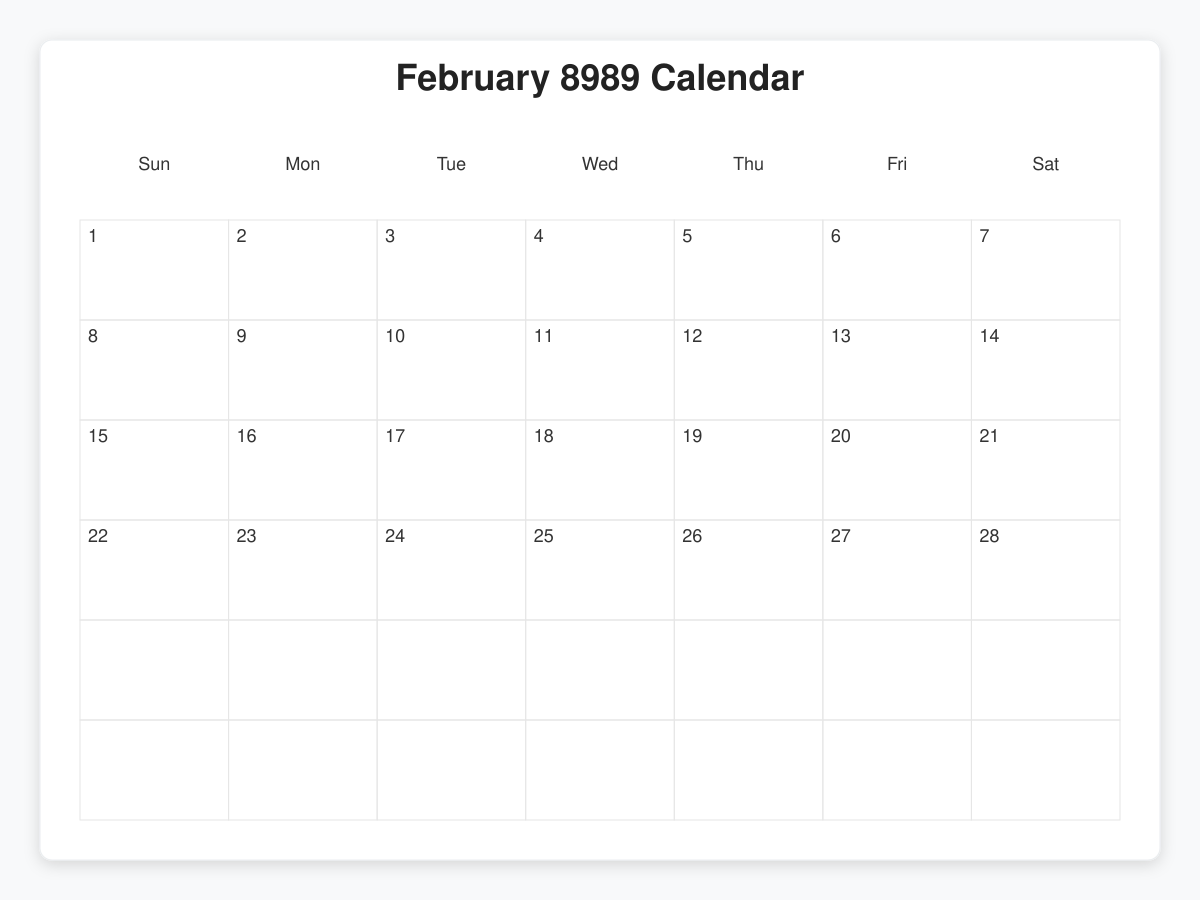 Printable February 8989 Calendars