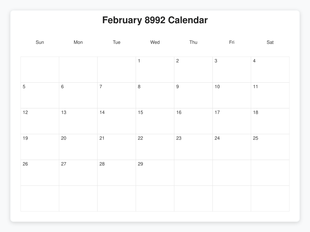 Printable February 8992 Calendars