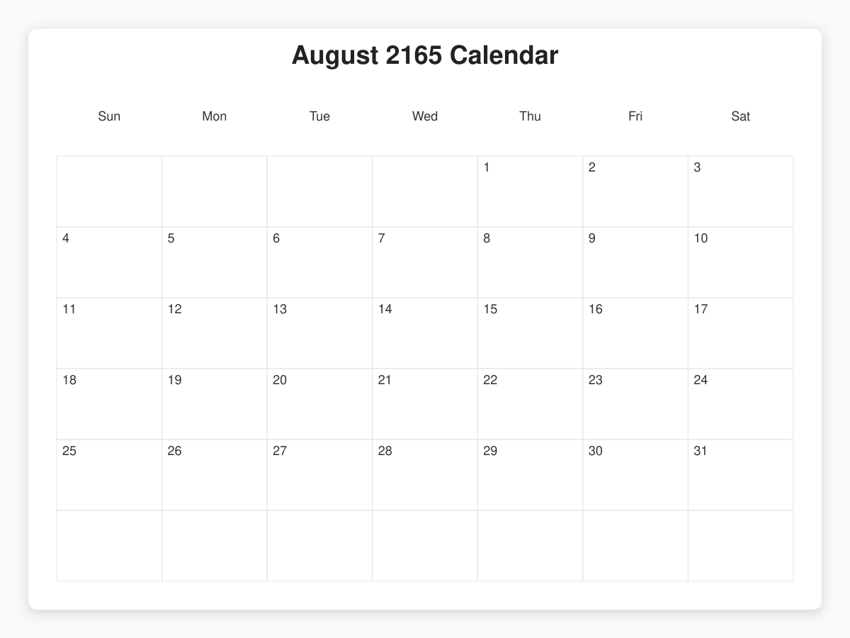 Printable August 2165 Calendars