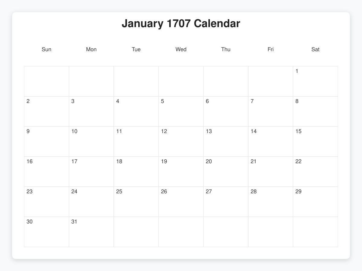 Printable January 1707 Calendars
