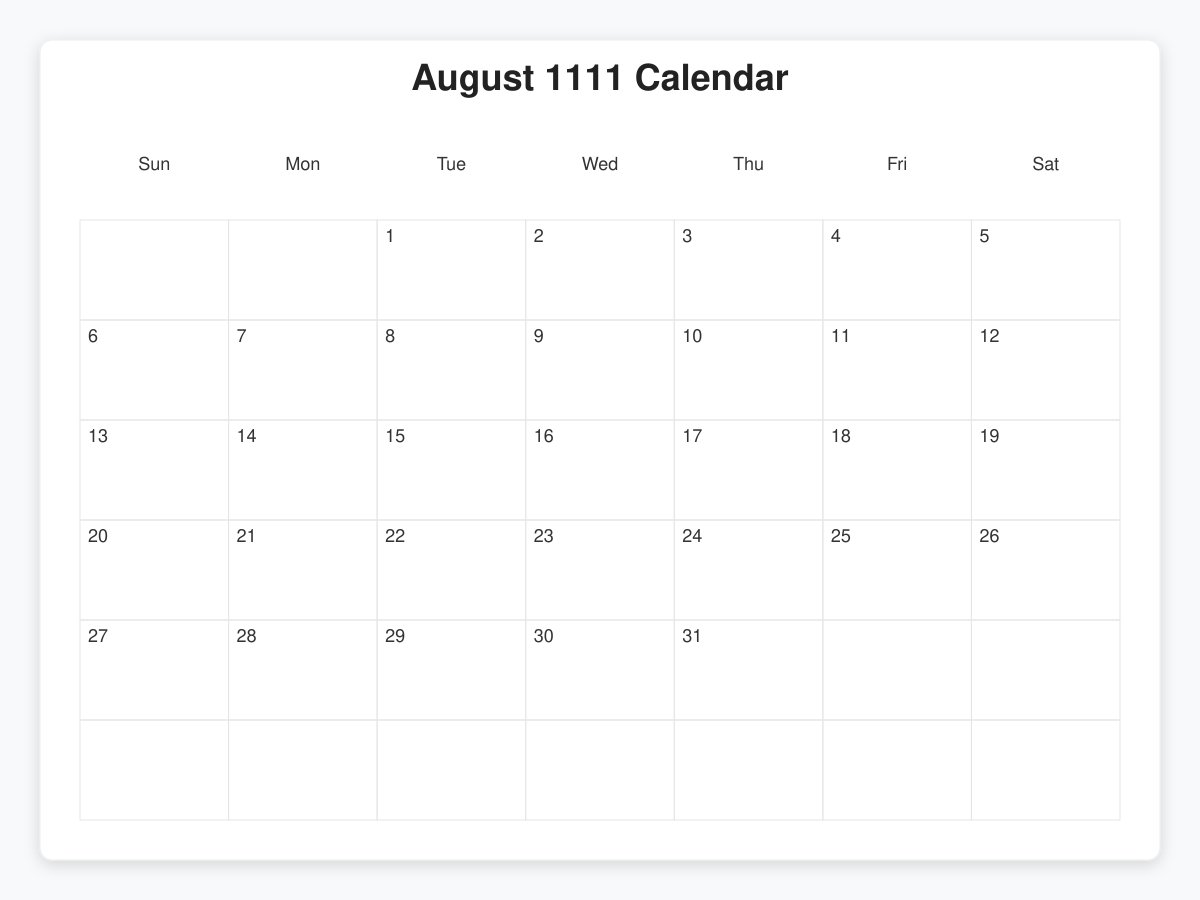 Printable August 1111 Calendars