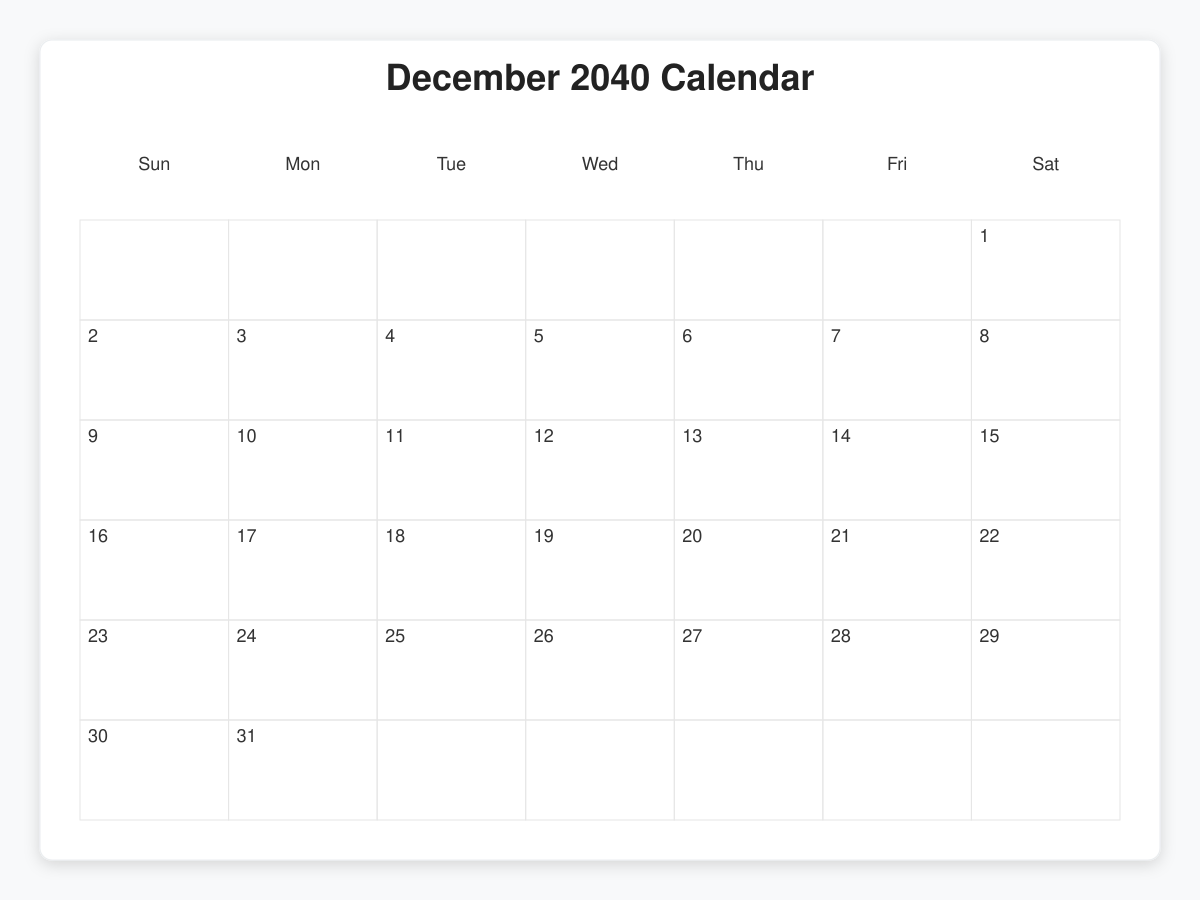Printable December 2040 Calendars