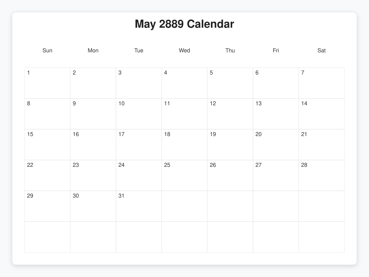 Printable May 2889 Calendars
