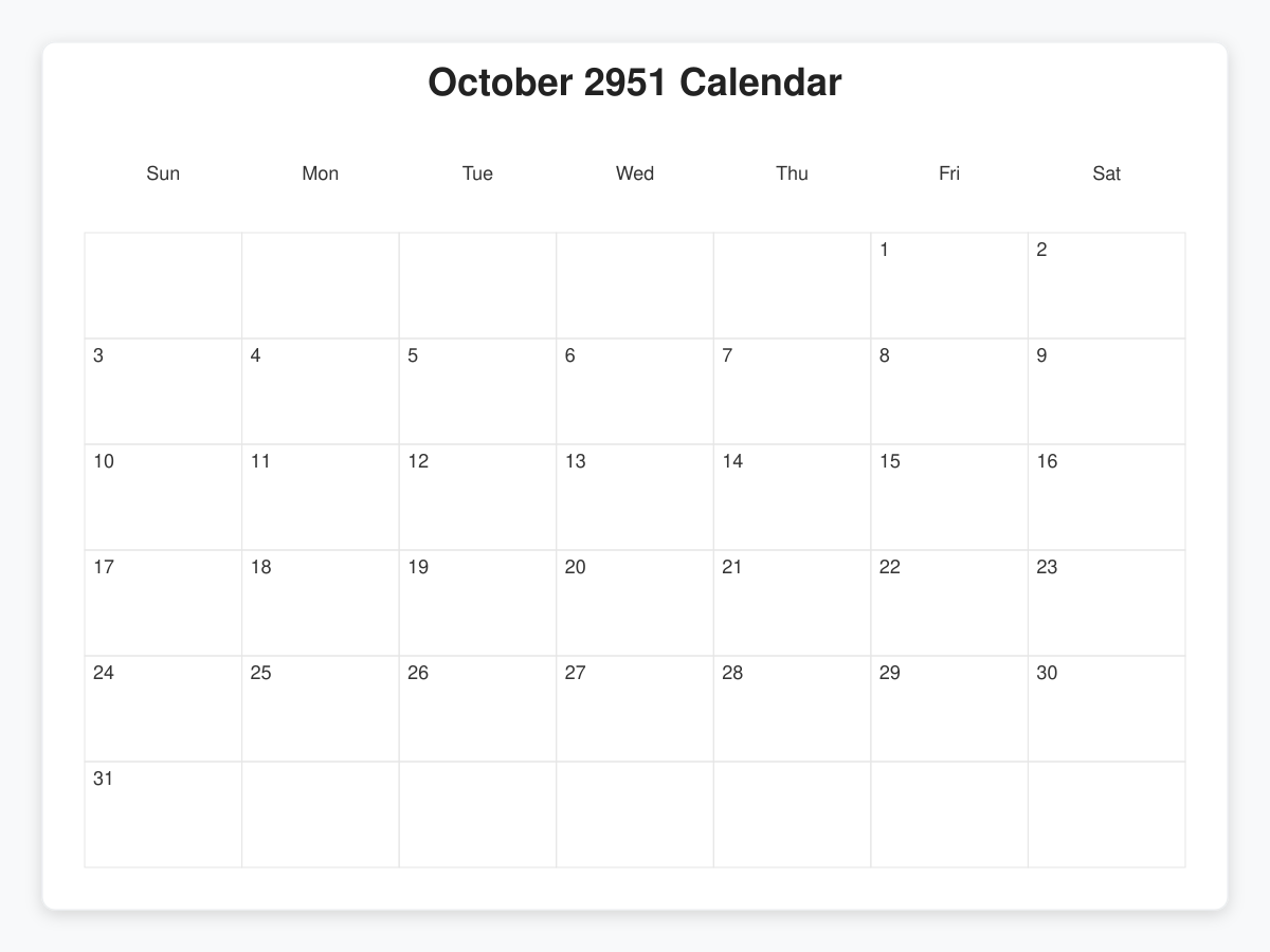 Printable October 2951 Calendars