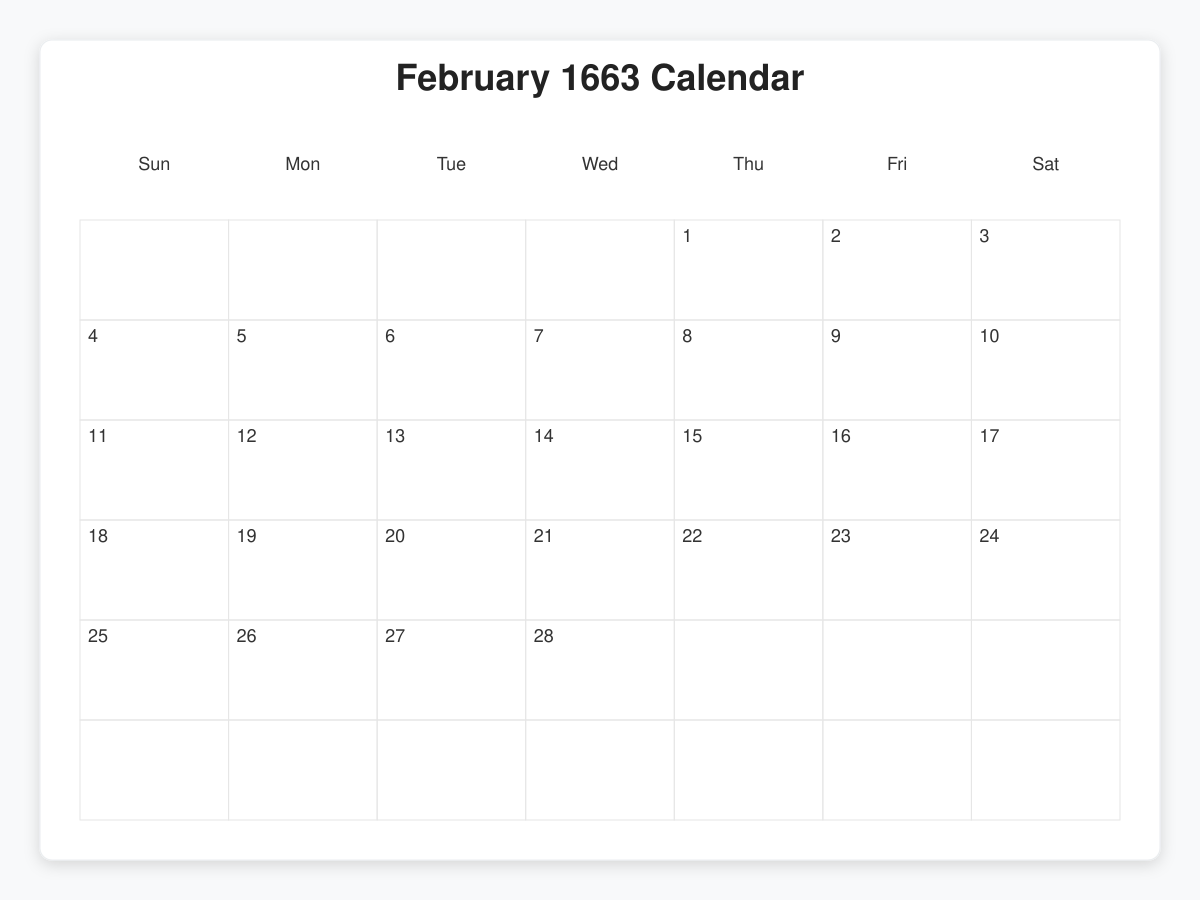 Printable February 1663 Calendars