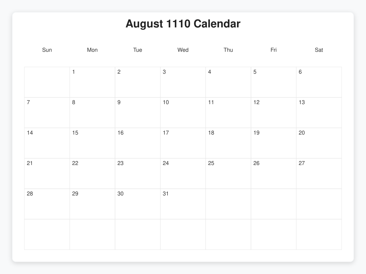 Printable August 1110 Calendars