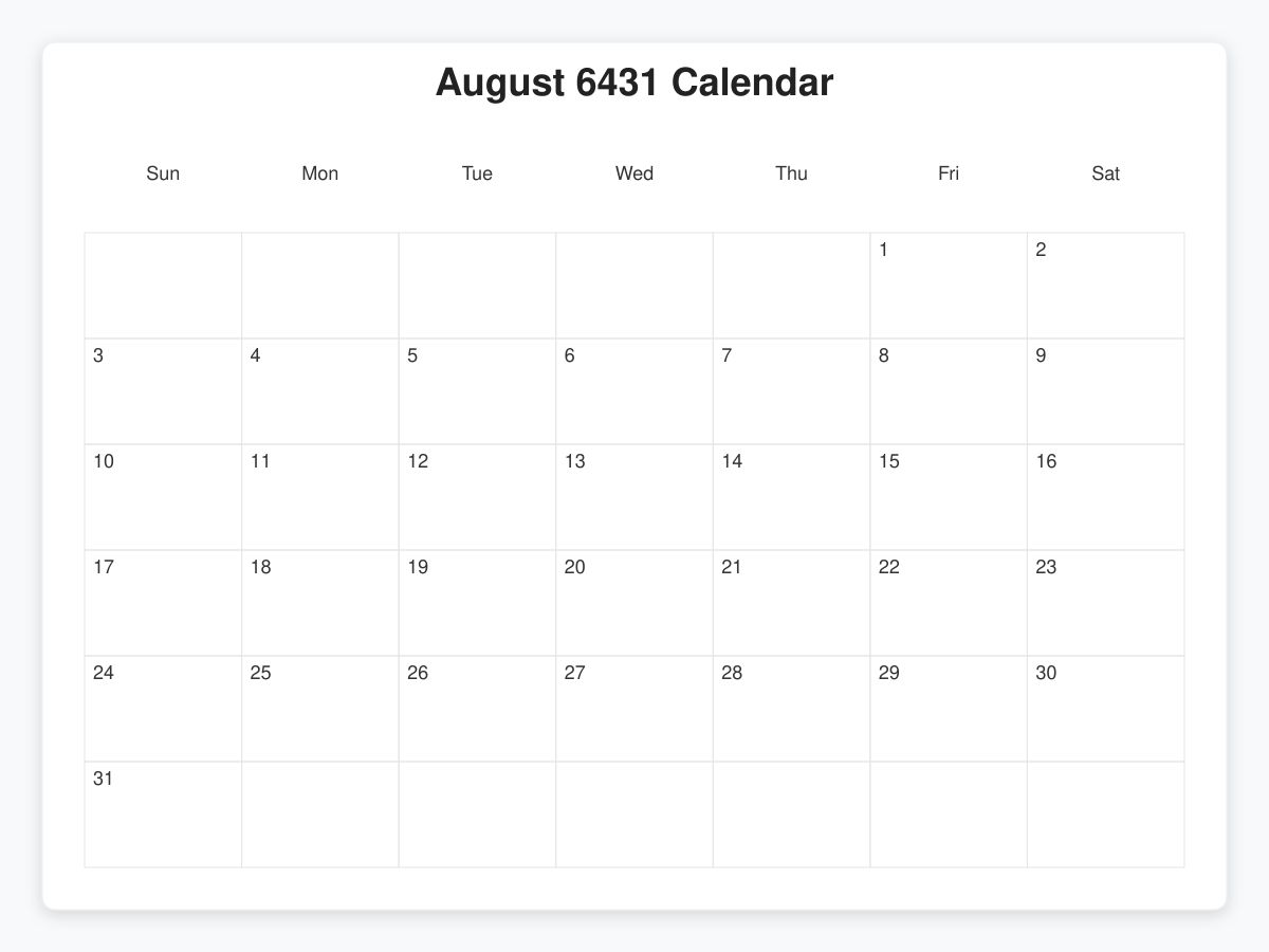 Printable August 6431 Calendars