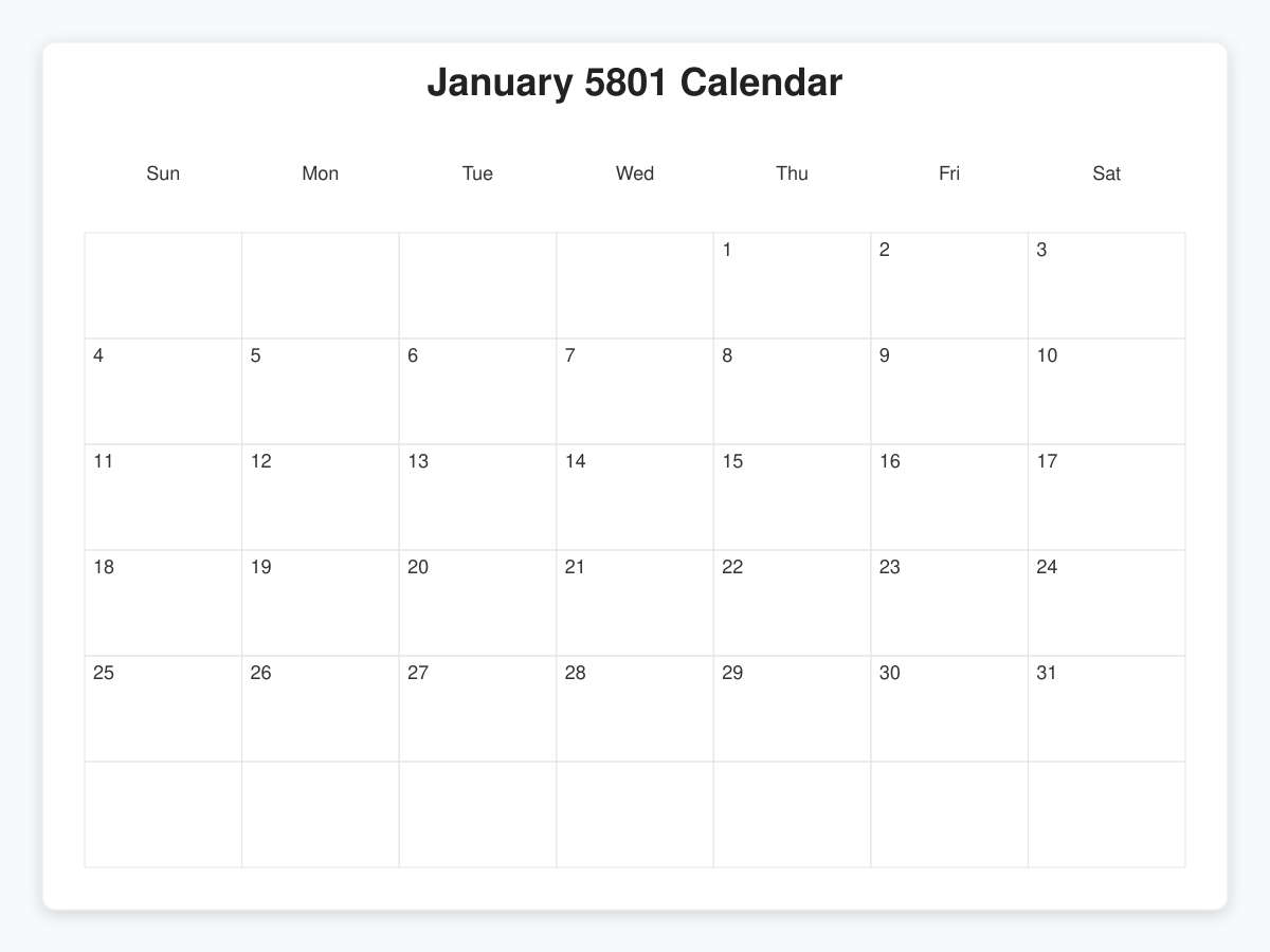 Printable January 5801 Calendars