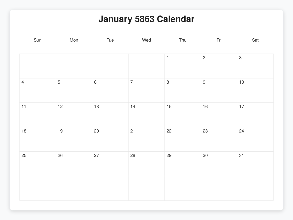 Printable January 5863 Calendars