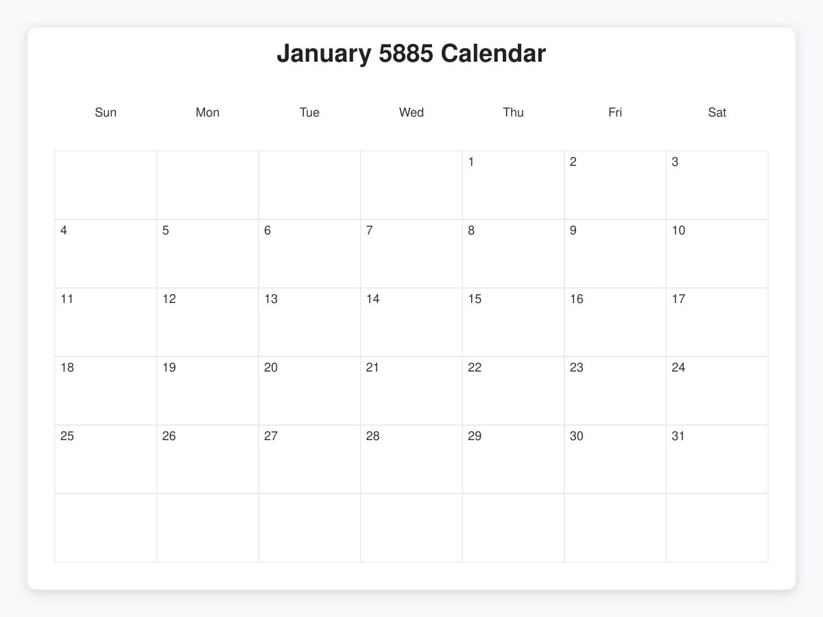 Printable January 5885 Calendars