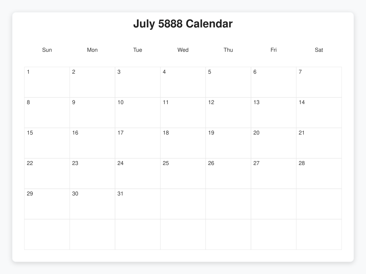 Printable July 5888 Calendars