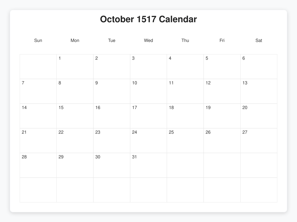 Printable October 1517 Calendars