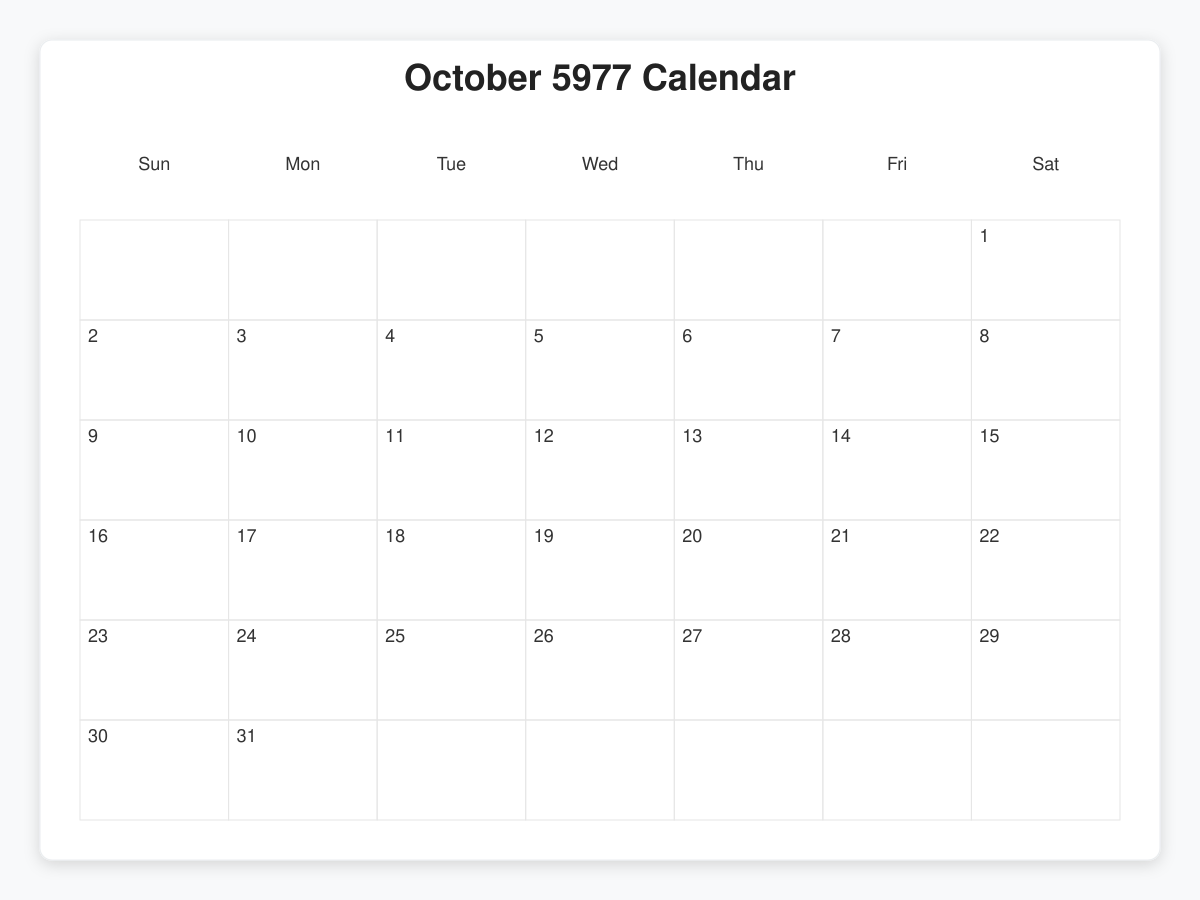 Printable October 5977 Calendars
