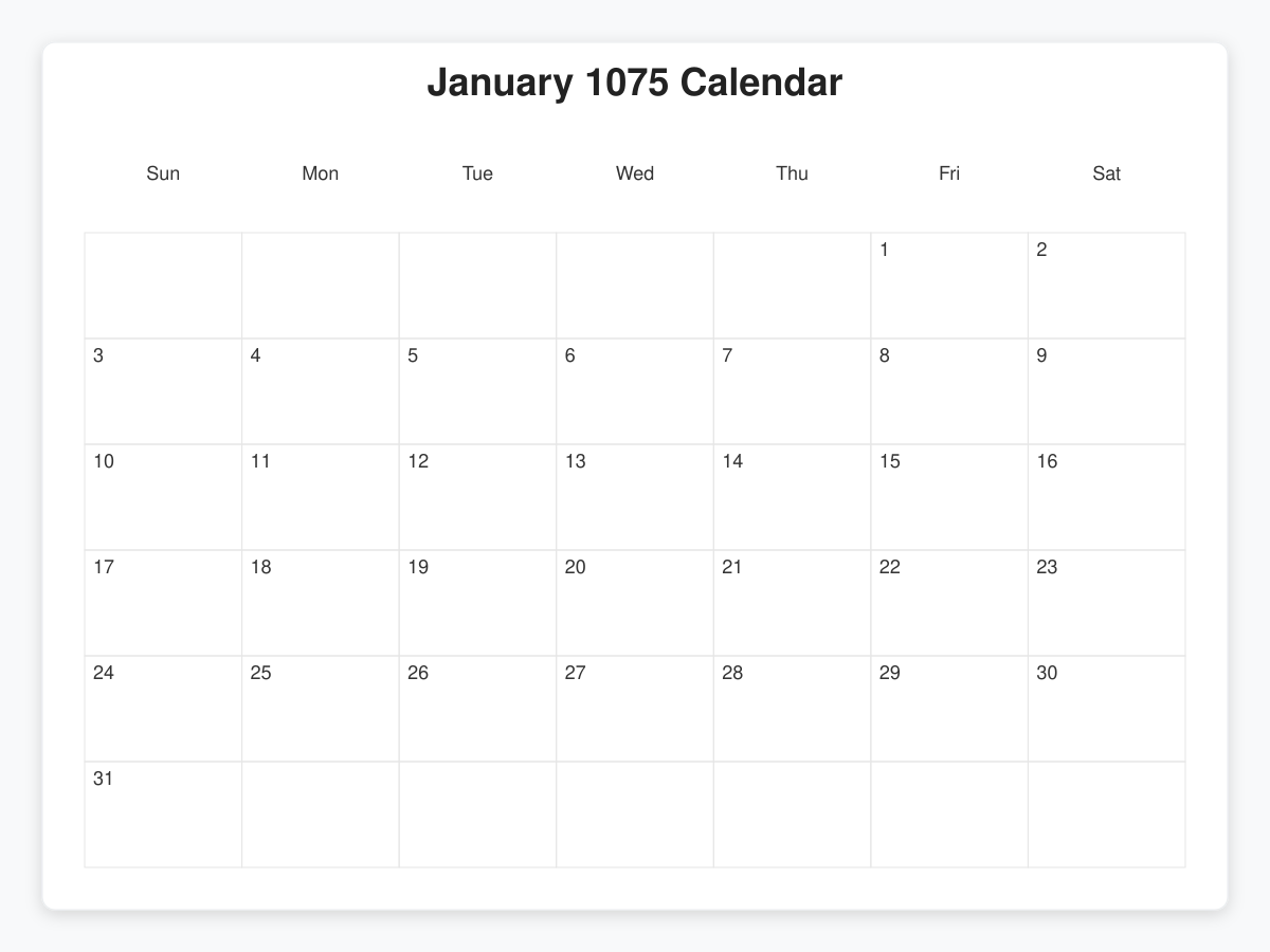 Printable January 1075 Calendars